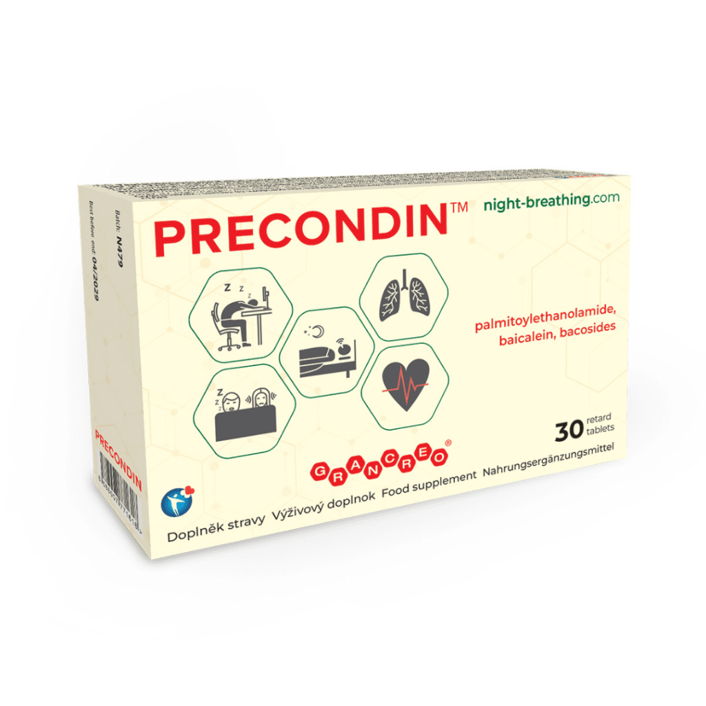 PRECONDIN este primul supliment alimentar specific, cu o combinație naturală de palmitoetanolamidă (PEA), baicaleină și bacozide, potrivit pentru persoanele cu apnee în somn, tulburări de somn sau un risc crescut de boli de inimă. După prima săptămână, poate reduce semnificativ numărul de pauze de apnee, poate îmbunătăți calitatea somnului și, în același timp, poate susține protecția mușchiului cardiac (miocard).